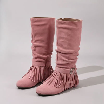 Women's Mid Calf Fringe Boots – Round Toe Buckle Zip Casual Boots