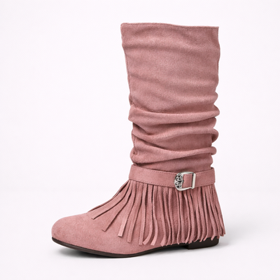 Women's Mid Calf Fringe Boots – Round Toe Buckle Zip Casual Boots