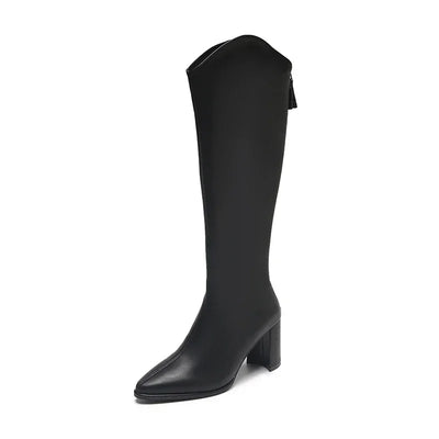 Women’s Knee High Block Heel Boots - Pointed Toe Zip Boots