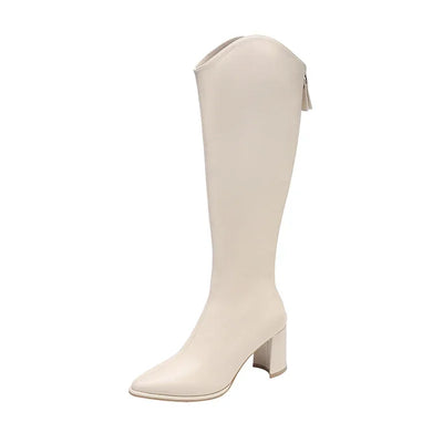 Women’s Knee High Block Heel Boots - Pointed Toe Zip Boots