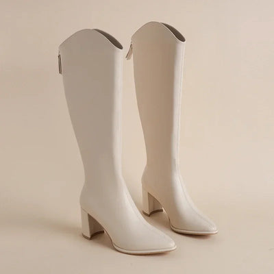 Women’s Knee High Block Heel Boots - Pointed Toe Zip Boots