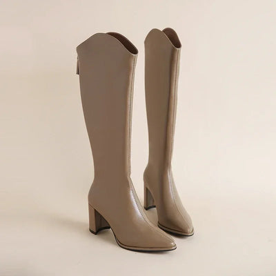 Women’s Knee High Block Heel Boots - Pointed Toe Zip Boots