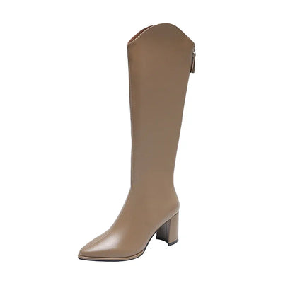 Women’s Knee High Block Heel Boots - Pointed Toe Zip Boots