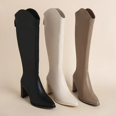 Women’s Knee High Block Heel Boots - Pointed Toe Zip Boots