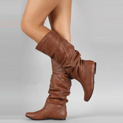 Women’s Mid Calf Leather Boots – Flat Sole Casual Pull-On Boots