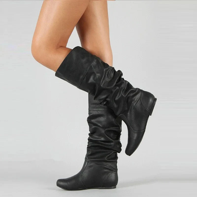 Women’s Mid Calf Leather Boots – Flat Sole Casual Pull-On Boots