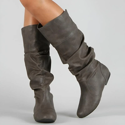 Women’s Mid Calf Leather Boots – Flat Sole Casual Pull-On Boots