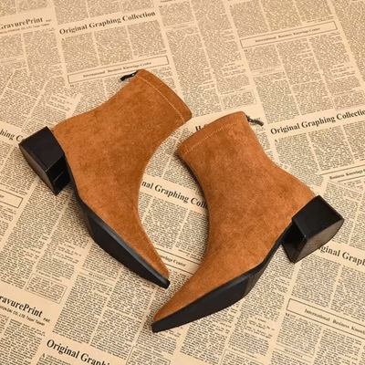 Women’s Suede Ankle Boots - Pointed Toe and Block Heel