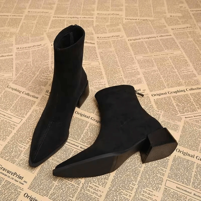 Women’s Suede Ankle Boots - Pointed Toe and Block Heel