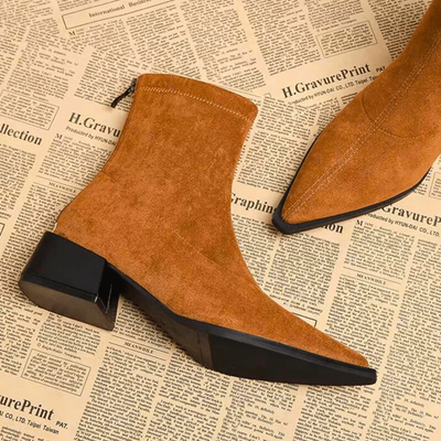 Women’s Suede Ankle Boots - Pointed Toe and Block Heel