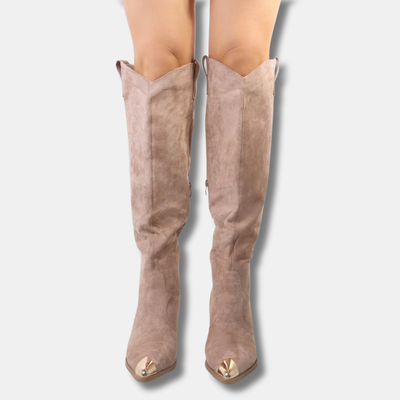 Women's Knee High Faux Suede Boots – Chunky Heel Toe Cap Boots