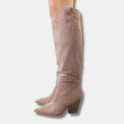 Women's Knee High Faux Suede Boots – Chunky Heel Toe Cap Boots