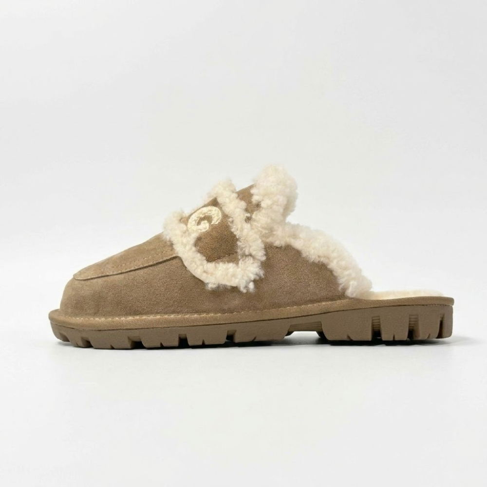 UGG Chloe Fluffy Leather Scuff Slippers