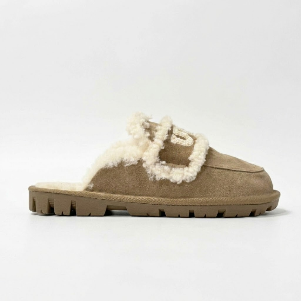 UGG Chloe Fluffy Leather Scuff Slippers