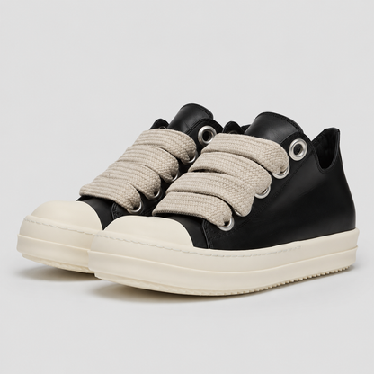 Unisex Black Leather Platform Sneakers with Zip and Lace Up Design