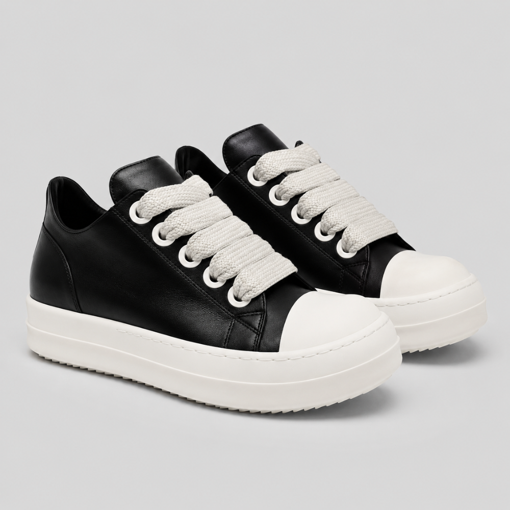 Unisex Black Leather Platform Sneakers with Zip and Lace Up Design