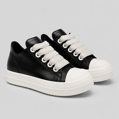 Unisex Black Leather Platform Sneakers with Zip and Lace Up Design