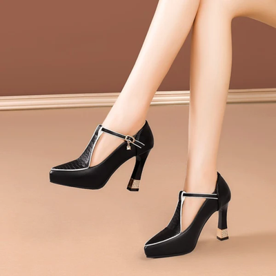 Women’s Block Heel Sandals - Square Toe T-Strap Croc Embossed Heels