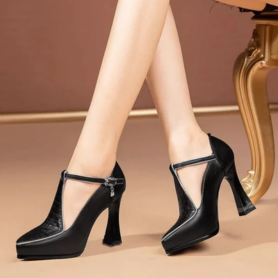 Women’s Block Heel Sandals - Square Toe T-Strap Croc Embossed Heels