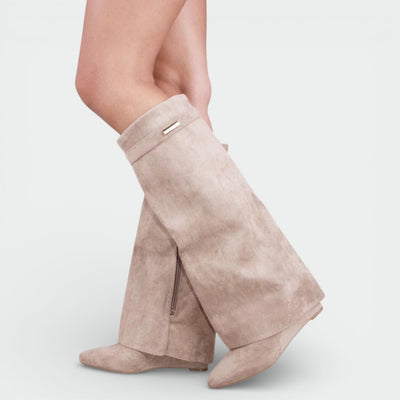 Women's Fold Over Knee High Wedge Boots – Pointed Toe Western Style Boots