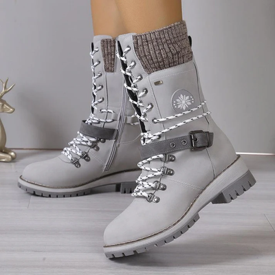 Women’s Lace-Up Winter Boots – Mid Calf Boots with Textured Sole