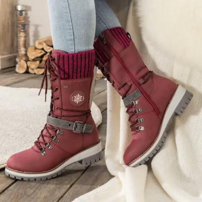 Women’s Lace-Up Winter Boots – Mid Calf Boots with Textured Sole