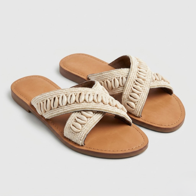 Women Summer Slipper Natural Cross Strap Flat Slip-On Indoor Shoes