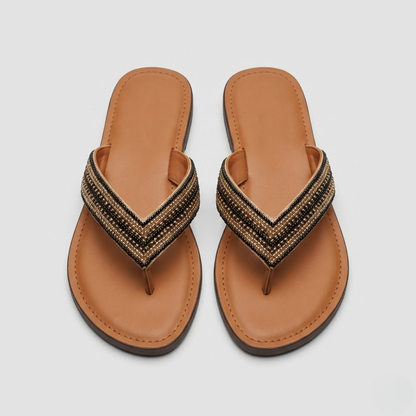 Women's Beaded Strap Sandals - Slip-On Flat Summer Flip Flops
