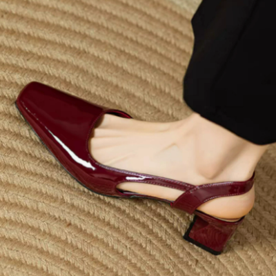 Women’s Burgundy Slingback Block Heel Pumps – Square Toe Dress Shoes