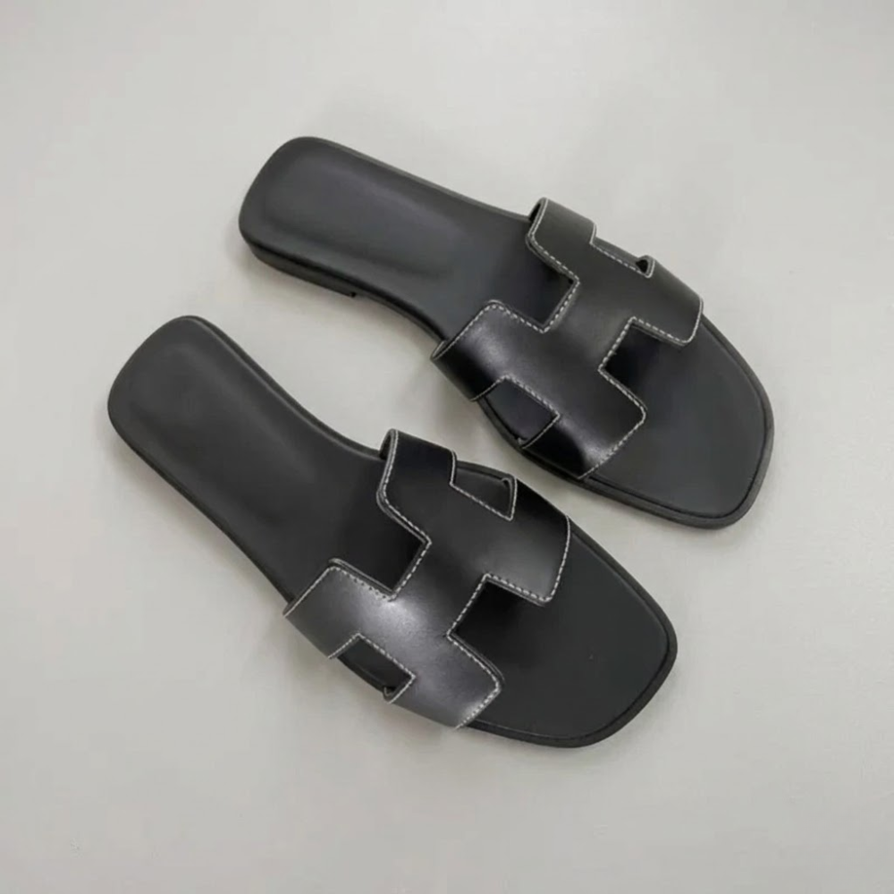 Women's Vegan Leather H-Strap Sandals - Elegant Slip-On Flat Sandals