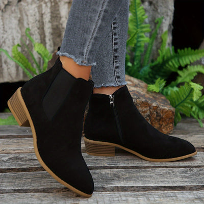 Women’s Suede Chelsea Ankle Boots - Side Zip and Low Stacked Heel