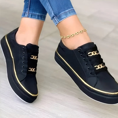 Women’s White Sneakers with Gold Accents - Lace-Up Casual Trainers
