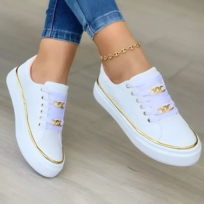 Women’s White Sneakers with Gold Accents - Lace-Up Casual Trainers