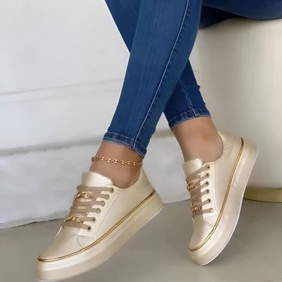 Women’s White Sneakers with Gold Accents - Lace-Up Casual Trainers