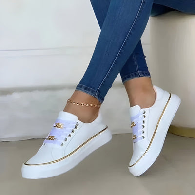 Women’s White Sneakers with Gold Accents - Lace-Up Casual Trainers