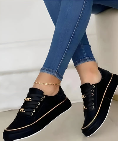 Women’s White Sneakers with Gold Accents - Lace-Up Casual Trainers