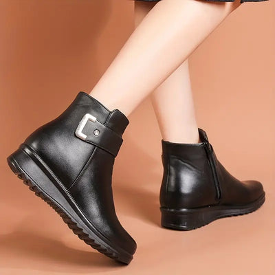 Women’s Wedge Ankle Boots - Side Zip and Buckle Strap Detail