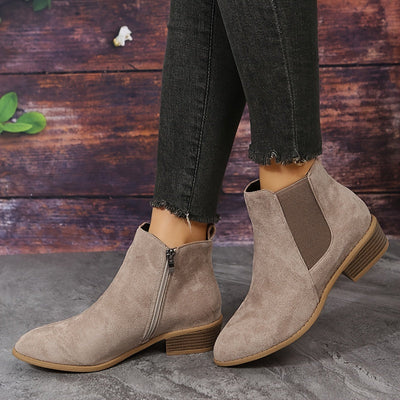 Women’s Suede Chelsea Ankle Boots - Side Zip and Low Stacked Heel