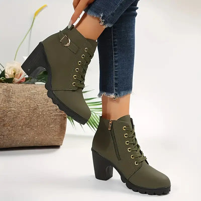 Women’s Lace-Up Ankle Boots - Block Heel, Side Zip and Buckle Detail