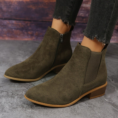 Women’s Suede Chelsea Ankle Boots - Side Zip and Low Stacked Heel