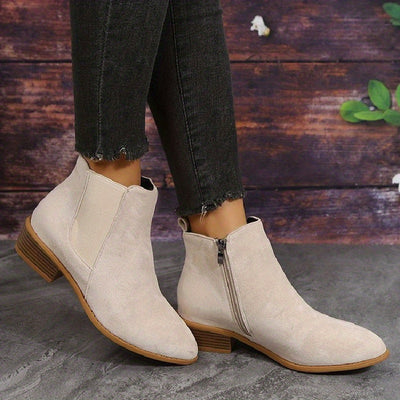 Women’s Suede Chelsea Ankle Boots - Side Zip and Low Stacked Heel