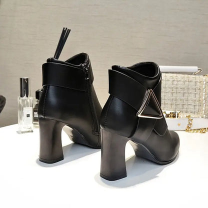 Women’s Geometric Triangle Buckle High-Heel Ankle Boots