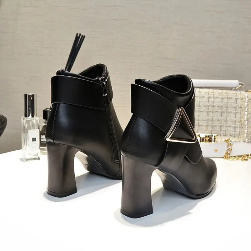 Women’s Geometric Triangle Buckle High-Heel Ankle Boots