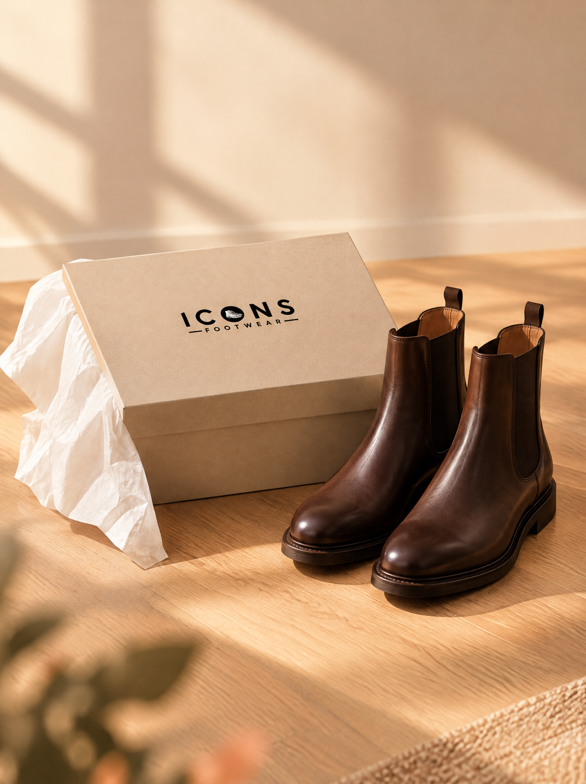 Generic leather Chelsea boots beside an Icons Footwear shoe box