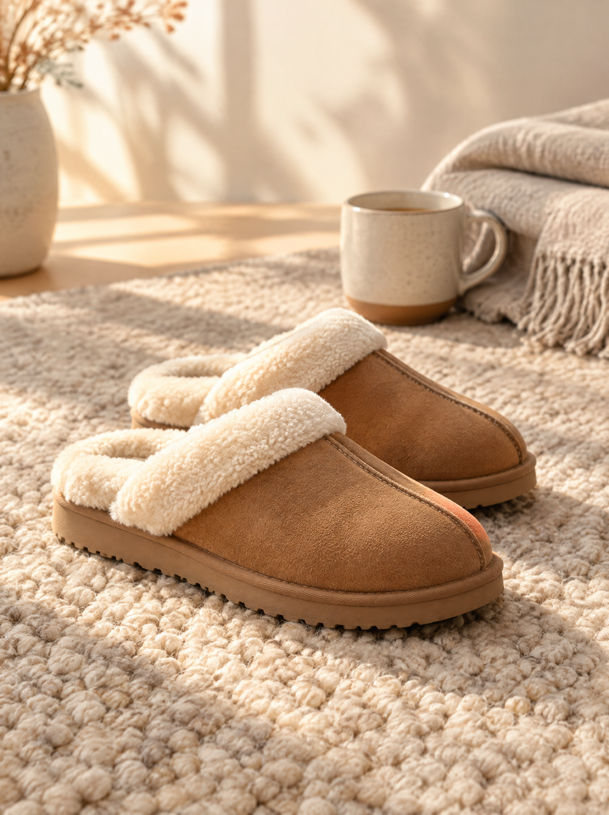Cosy generic shearling slippers on a wool rug