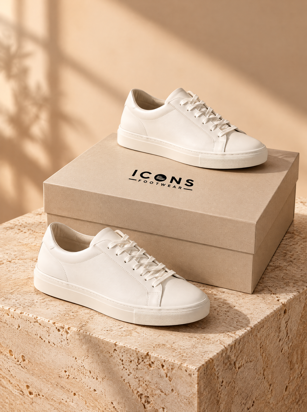 Generic white leather sneakers on an Icons Footwear shoe box