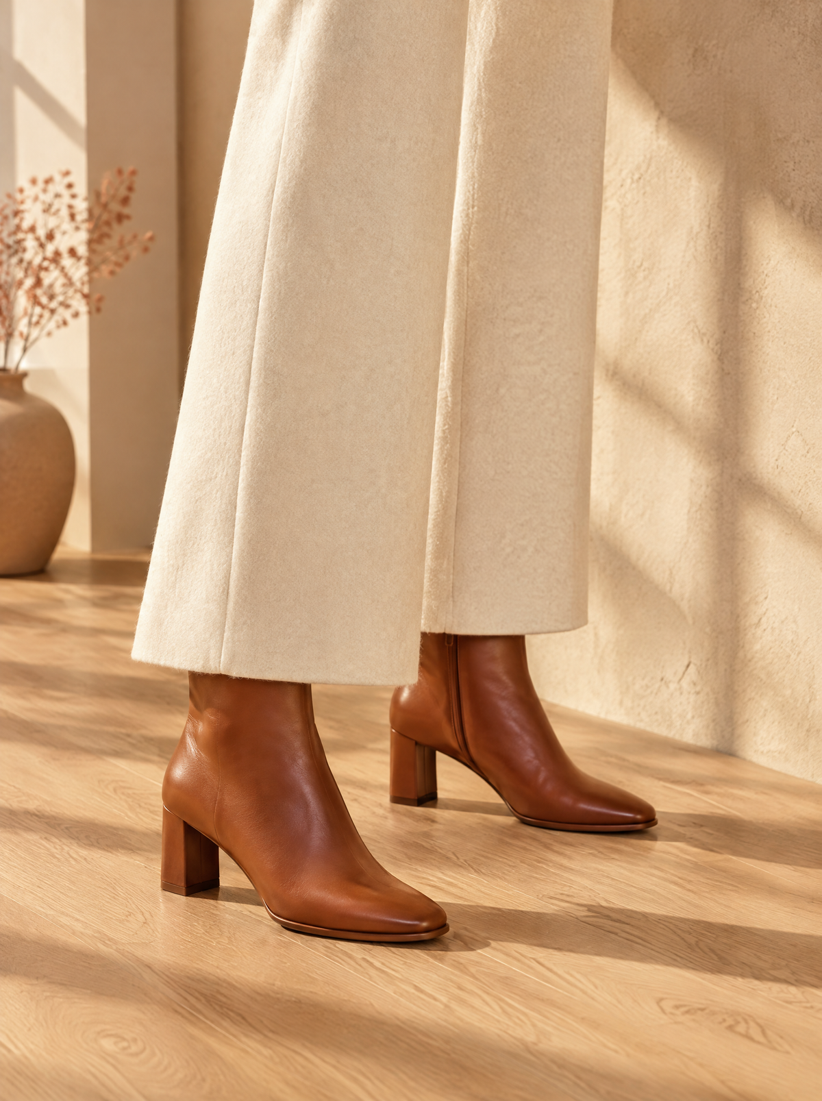 Woman wearing generic leather ankle boots and wide cream trousers