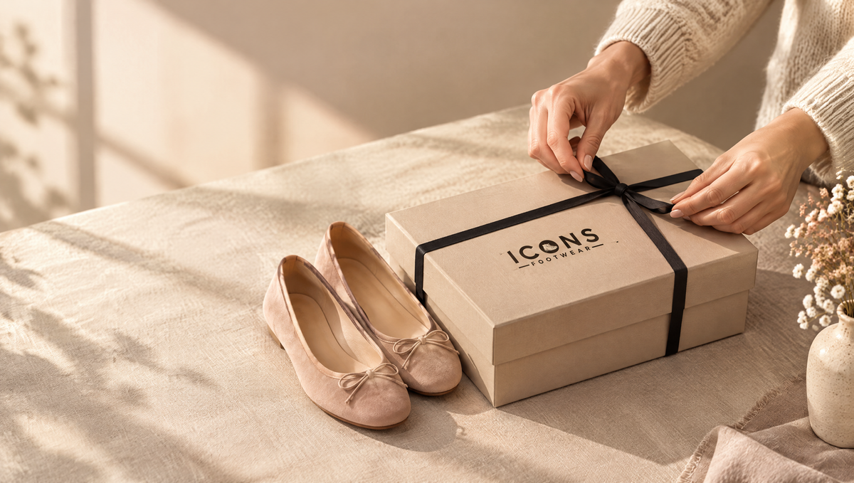 Woman's hands tying a ribbon around an Icons Footwear shoe box