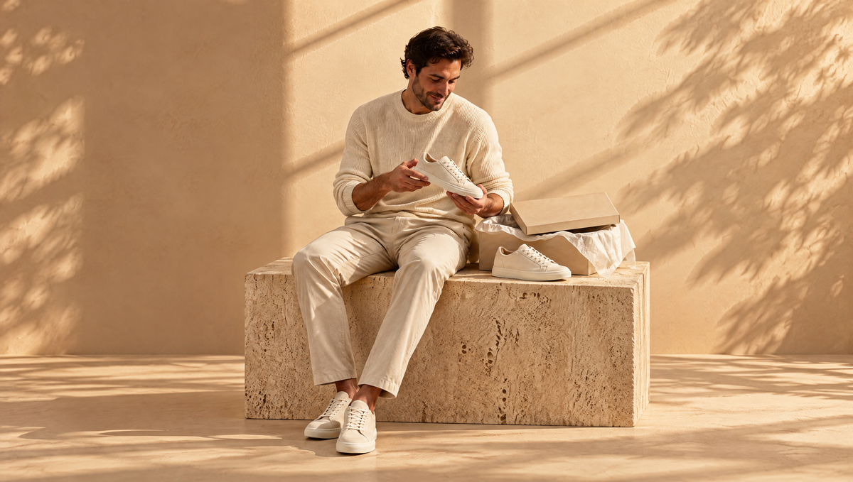 Man unboxing white leather sneakers from an Icons Footwear box