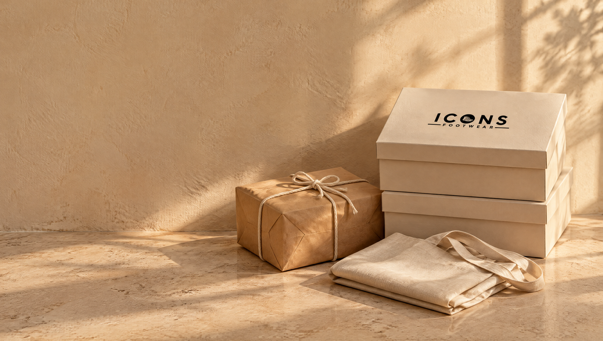 Stacked Icons Footwear shoe boxes and a parcel ready for delivery